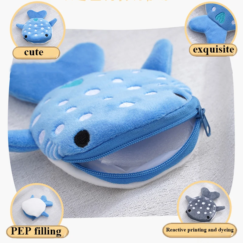 Cute Blue Small Whales Coin Purse Plush Zipper Coin Wallet Shark Shape Designer Women's Wallet Change Purse Key Earphone Pouch