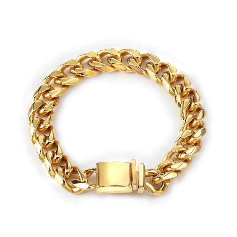 

12mm Width Curb Cuban Link Chains Thick Bracelet for Men Women Stainless Steel Gold Bangles Fashion Jewelry Accessories No Fade