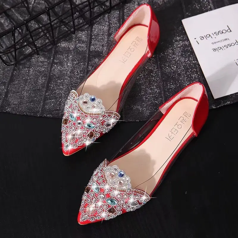 

Pointed Toe Transparent Sandals Women's Summer Rhinestone Lady Shoes Women New Korean Style Low-Cut Crystal Flats Shoe for Women