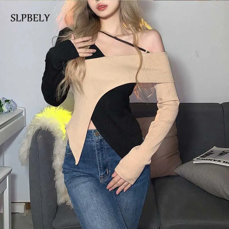 

SLPBELY Y2K Top Women Long Sleeve T-Shirts Top Halter Tanks Backless Crop Top Off Shoulder Tees Sexy Asymmetrical Korean Tee Top