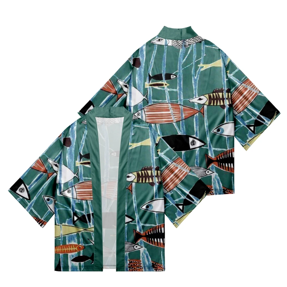 

Fish print loose Japanese street Japanese retro casual fashion beach style summer kimono for men and women