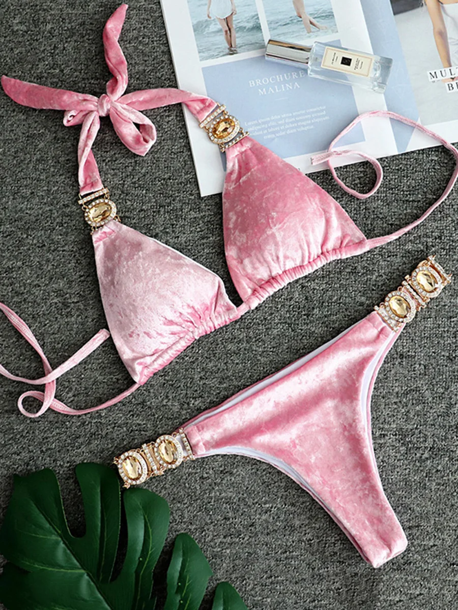 

Shiny Halter Crystal Diamond Velvet Bikini 2023 Women Swimsuit Female Swimwear Two Pieces Bikini set Thong Bathing Suit Swim
