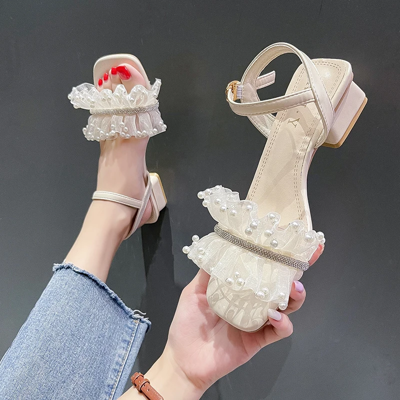 

Сандалии женские с жемчужной сеткой, босоножки на толстом среднем каблуке, модная обувь большого размера, лето 2022