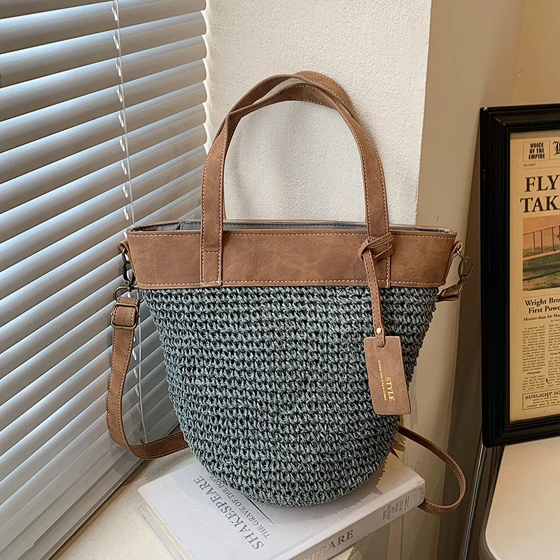 

Summer Women Zipper Weave Straw Tote Bag 2023 New In Travel Beach Bags Handmade Lady Bucket Crossbody Bag With Short Handle