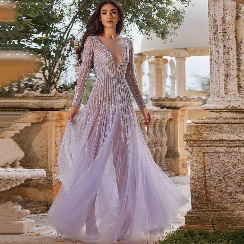 

Beautiful Lilac Tranaparent Evening Dresses Boat Neck Bling Sequined Tulle Prom Gown Long Sleeves Illusion Formal Party Dress