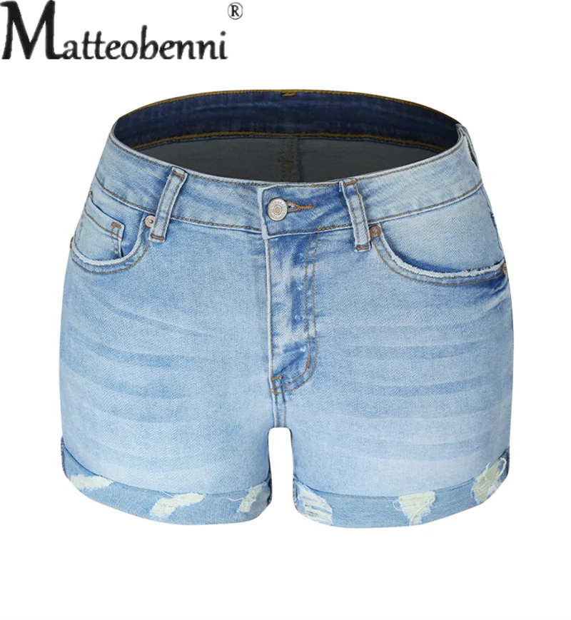 Summer Mid-waist Button Splicing Light Blue Denim Shorts 2023 Women Street Casual Stretch Tight Three Quarter Pants Female Jeans