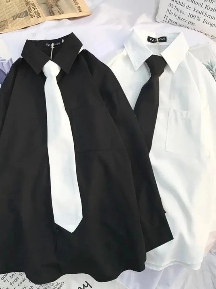 

Рубашка женская с длинным рукавом, свободная Студенческая блузка, Повседневная винтажная рубашка с отложным воротником, белый черный цвет, большие размеры, на весну
