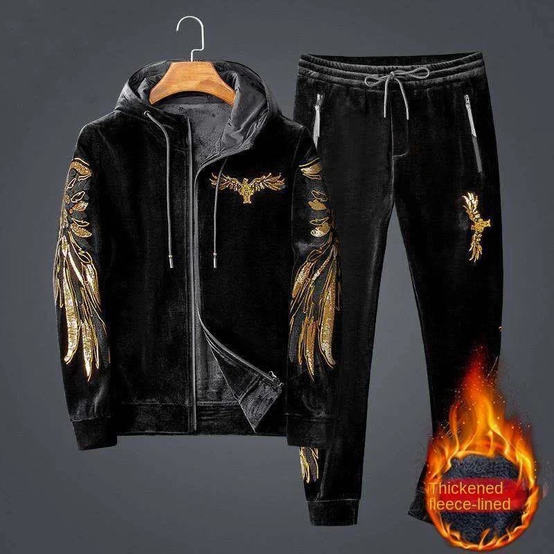 Men's Winter Fleece-lined Thickened Gold Velvet Casual Sports Suit Fashion Brand Printed Two-piece Set