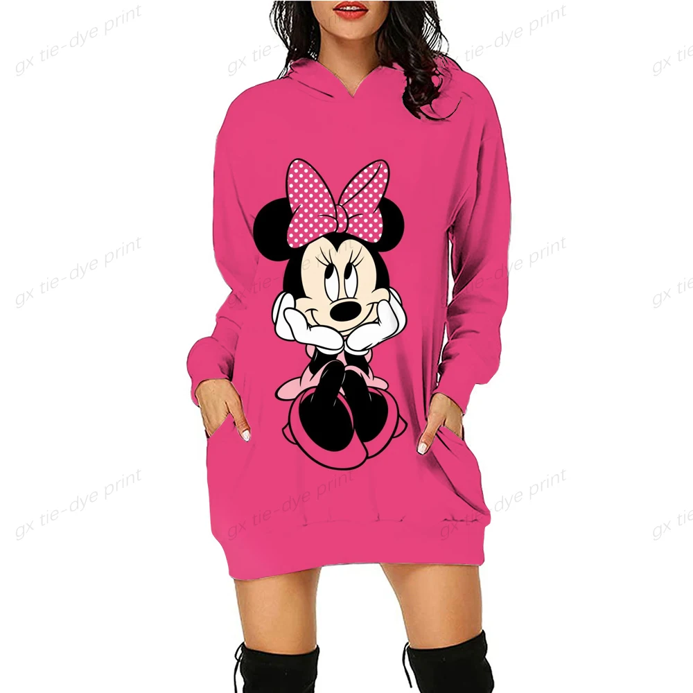 

Disney Minnie Mickey Mouse Print Autumn Hoodies Dress Women Casual Wear Long Sleeve Hooded Dress Cartoon Hoodies Long Sweatshirt