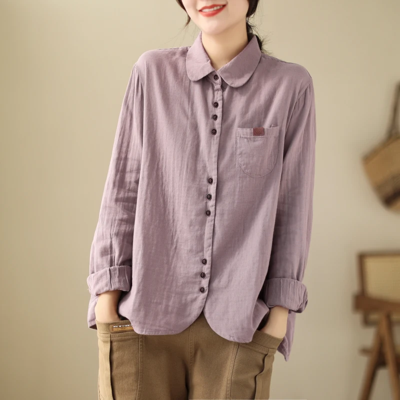 

Korean Style Women Cotton Shirts Vintage Long Sleeve Peter Pan Collar Female Tops Office Lady Basic Shirt Blouses Woman Blouse