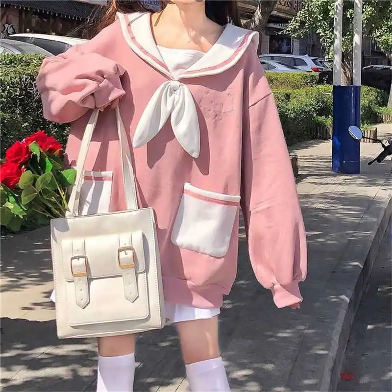

Kawaii Navy collar blue pink Bear Hoodie Women spring 2022 Japanese JK preppy long-sleeved cartoon T-shirt