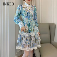 vintage female floral print dress shirt 2022 newest elegant lace patchwork sashes womens dresses beach clothing inkeo 2d097