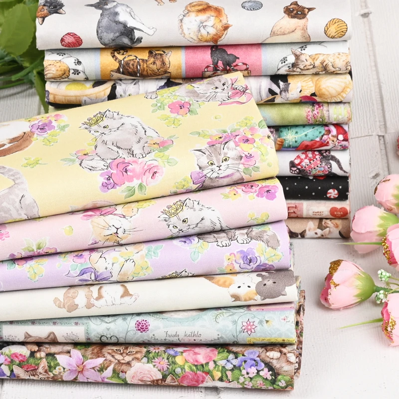 

Half Yard Plain 100% Cotton Fabric European Wind Cute Cartoon Cat Print, Handmade DIY Bag Garment Dress Children Cloth CR-1705