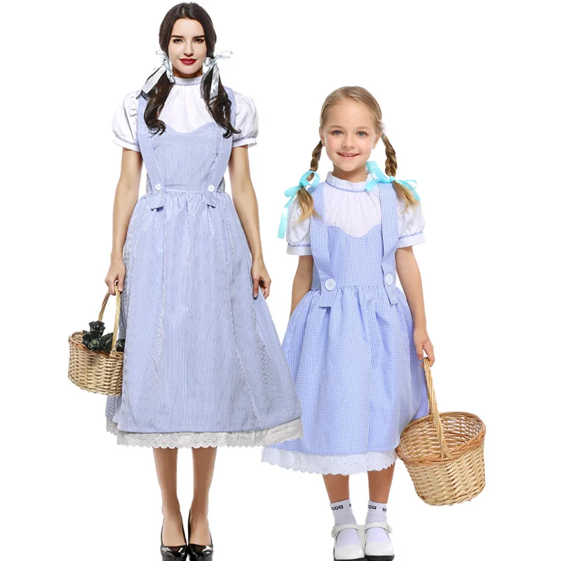 

Womens Dorothy Cosplay Costume Halloween The Wizard of OZ Blue Gingham Dress For Girls Kids Maid Lolita Party Parent-Child Dress