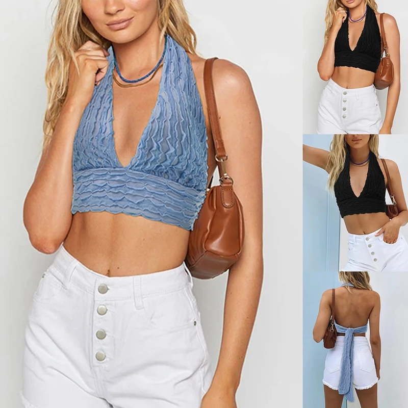 

Women's New Style Halter Neck V-Neck Solid Color Sling Vest