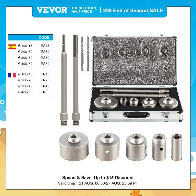 VEVOR 4 in 1 Concrete Hole Saw Kit 8/9PCS 30-100/40-125 mm SDS Plus or SDS Max Shank Cement Drill Bit Wall Hole Opener Tools Set