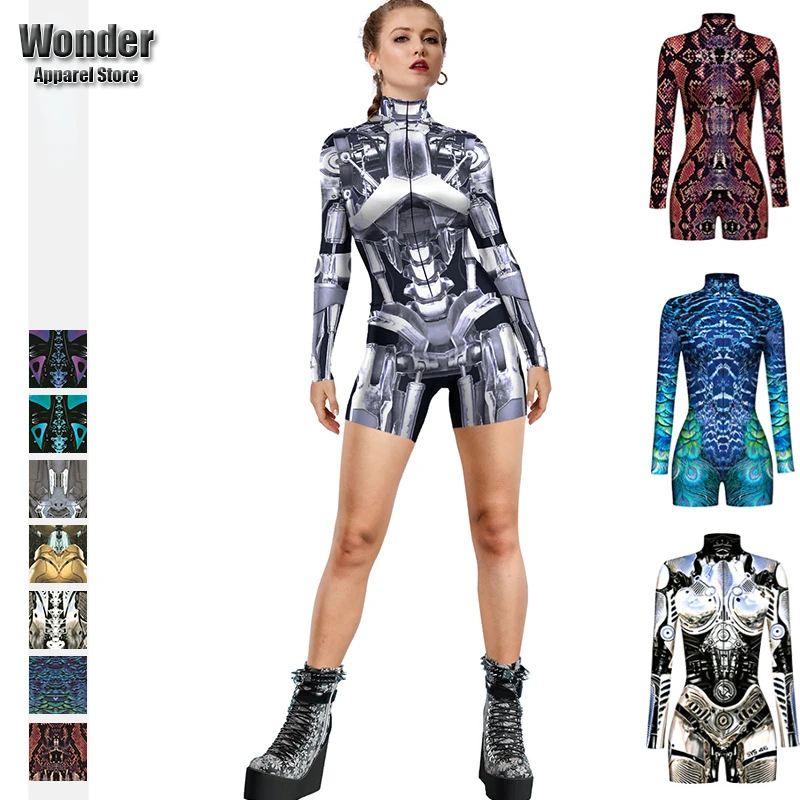 Women Men Skull Machine Punk Future Robot 3D Print Bodysuit Jumpsuit Halloween Cosplay Costumes Stage Party Role Play Outfit