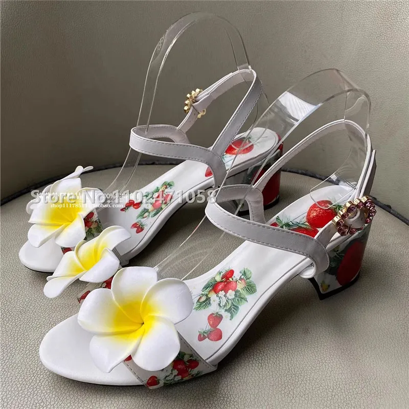 

Strawberry Print One Strap Peep Toe Chunky Heels Women Sandals Flower Decoration Fashion Catwalk Hight Heels Ladies Summer Shoes