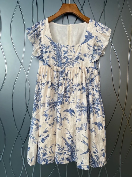 

2022 new women Fashion Sleeveless Square Neck Back Zipper Decorative Print Colorblock Ruffle Sleeve Shoulder Dress 718