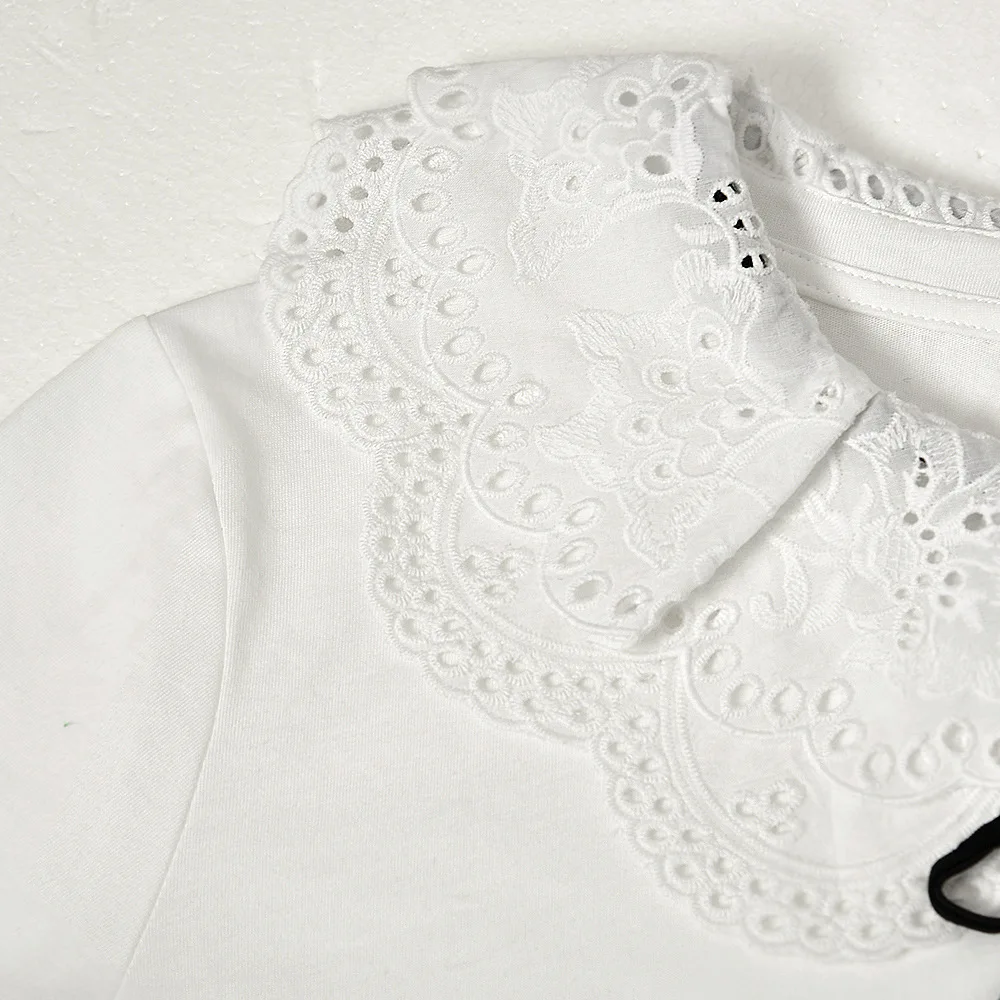 

Women's Peter Pan Collar T-Shirt Bow Embroidery Hollow Out Short Sleeve Tee Summer 2021 Female Sweet White Top