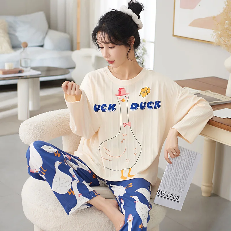 Fashion Homewear Cartoon Pajamas Set Women Sweet Stripe Print Full-Sleeve O-Neck New Pyjamas Clothes Big Size