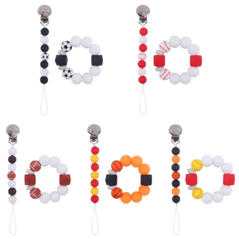 

Baby Pacifier Chain Rattles Set Cartoon Basketball Baseball Football Teether Bracelet Silicone Bead Pacifier Chains Clips
