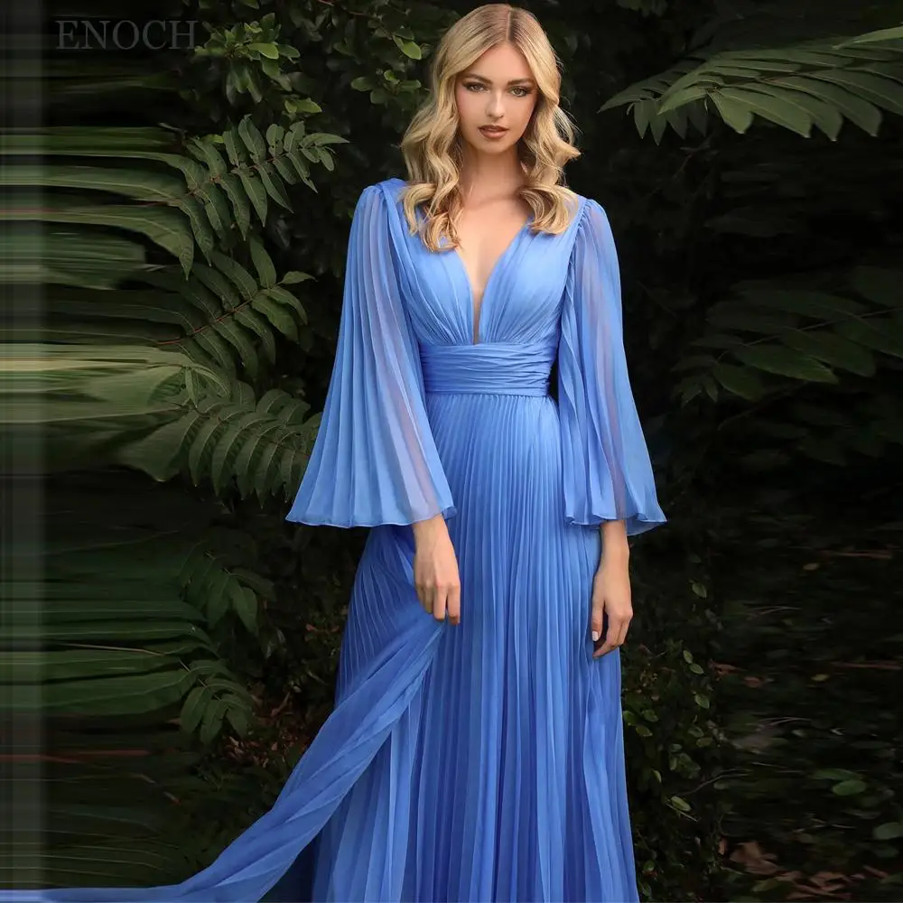 

Simple V-Neck Chiffon Pleated Long Sleeves Wedding Guest Evening Prom Dresses for Bride Special Occasion 2023