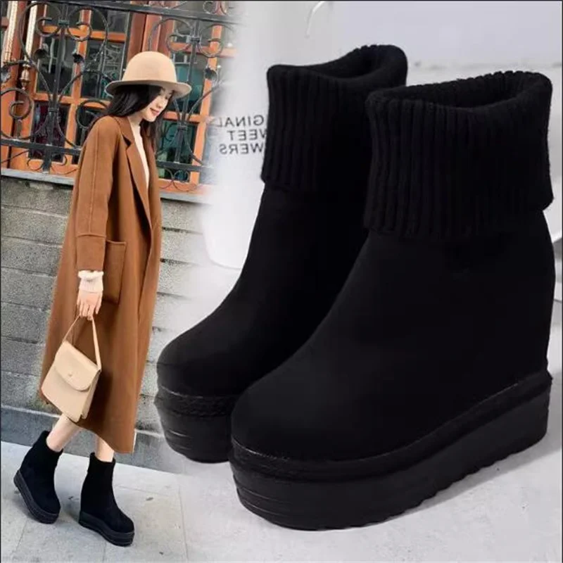 

10cm wedge heels two wear ankle boots inside elevating muffin and cashmere women's shoes Korean version of wool top platform Mar