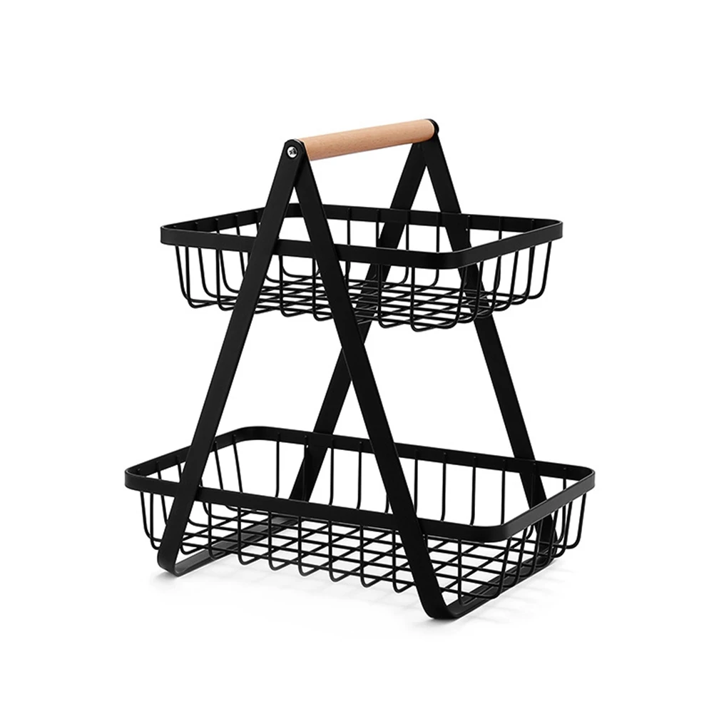 

Creative Iron Fruit Basket Kitchen Outdoor Storage Portable Fruits Double Layers Multifunctional Basket Holder,Black