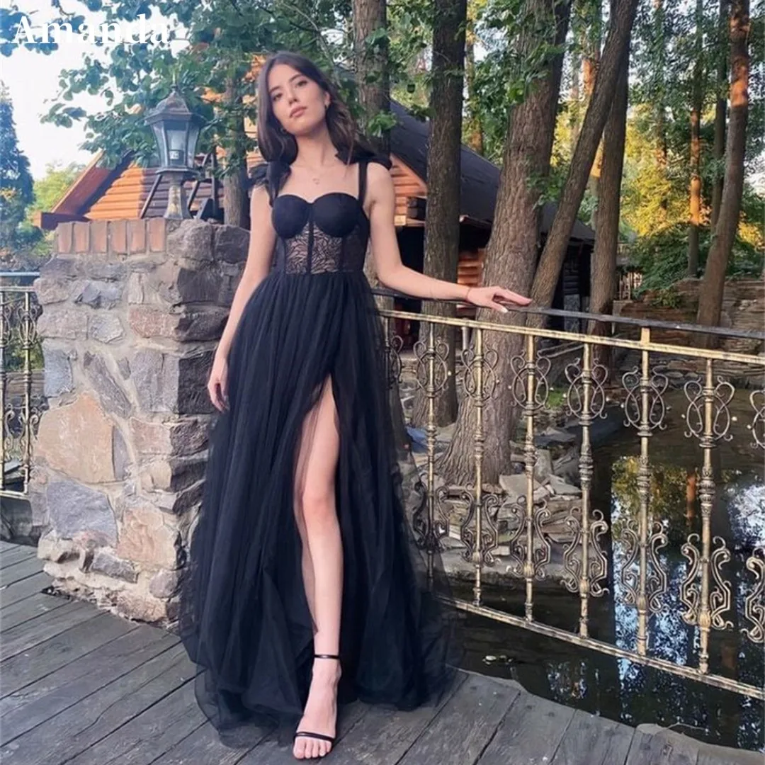 

Черное ТРАПЕЦИЕВИДНОЕ ПЛАТЬЕ Amanda для выпускного вечера, элегантное Сетчатое платье из фатина с высоким разрезом сбоку и лямками