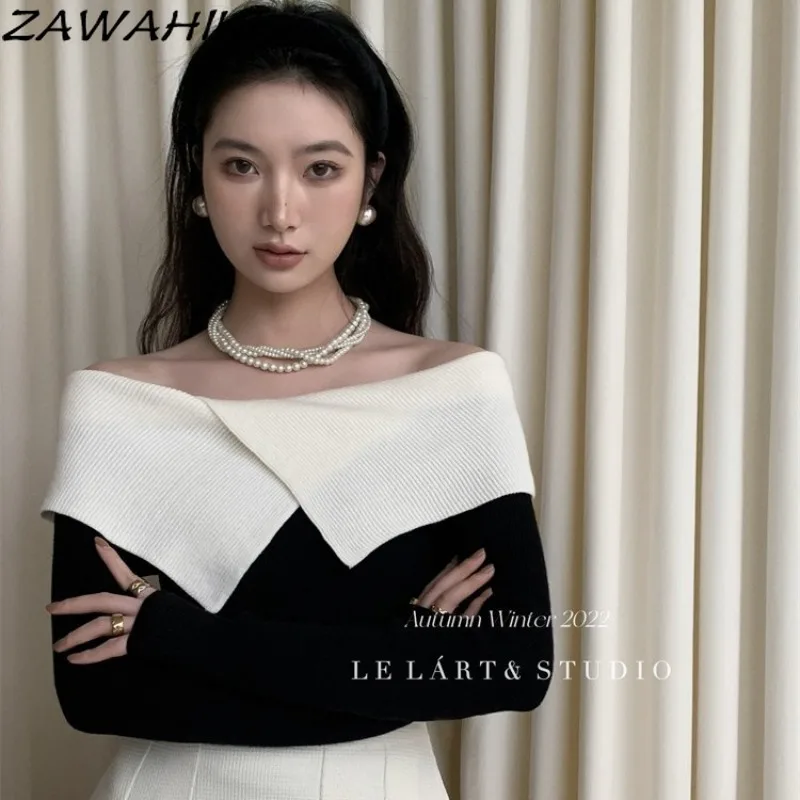 

Vintage Patchwork Contrast Color Elegant Temperament Sweater Women Fall New Arrive Slim Knitted Fashion Korean Chic Tops Mujer