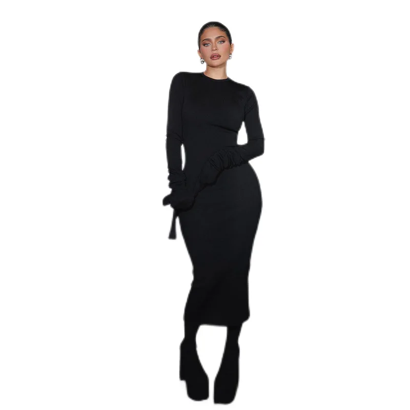 

LEOSD Bodycon Dresses For Women 2023 Spring New Fashion Stacked Sleeve Solid Long Elegant Evening Dress Party maxi