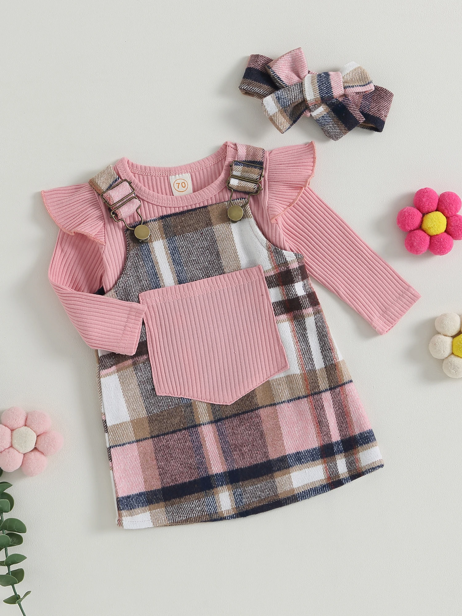 

Mesalynch Toddler Girls 3Pcs Ribbed Romper Set with Ruffle Shoulder Suspender Skirt Overalls and Headband - Long Sleeve