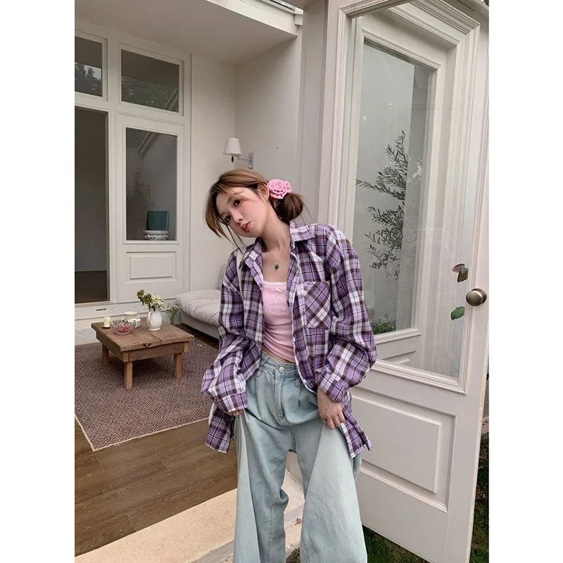 Женская клетчатая рубашка Повседневная однобортная блузка с отложным