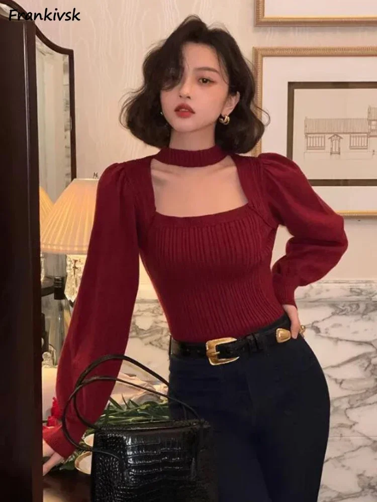 

Cropped Sweaters Women Slim Elegant Spring Square Collar Korean Style Solid Soft Streetwear Retro College Ladies Knitwear Daily
