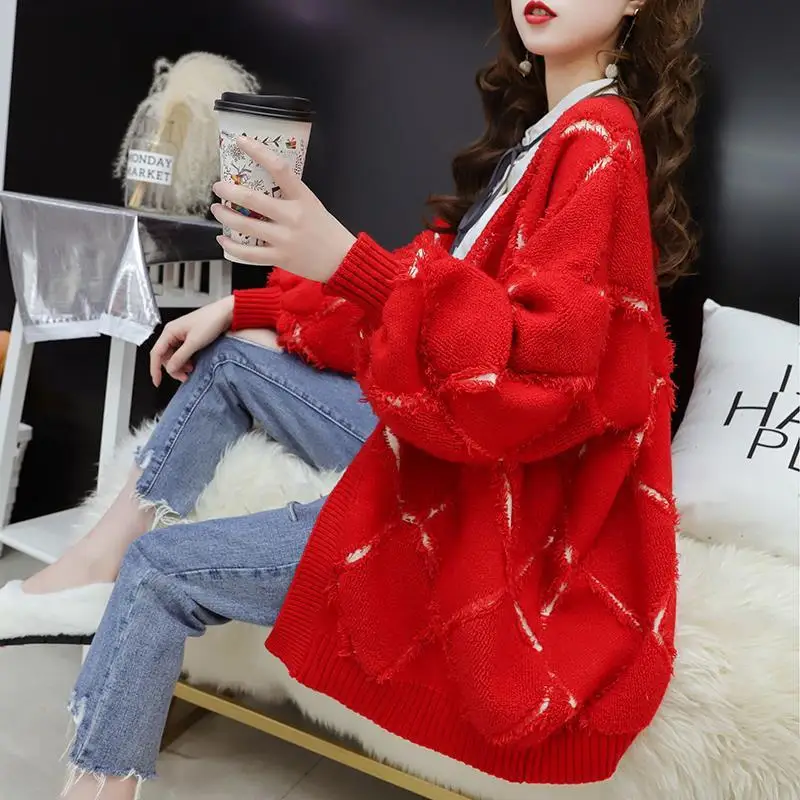 

Autumn Winter Fashion Frayed Mid-length Knitted Sweater Women Cardigan Jumpers Ladies Solid Color Long Sleeve Knit Tops Female