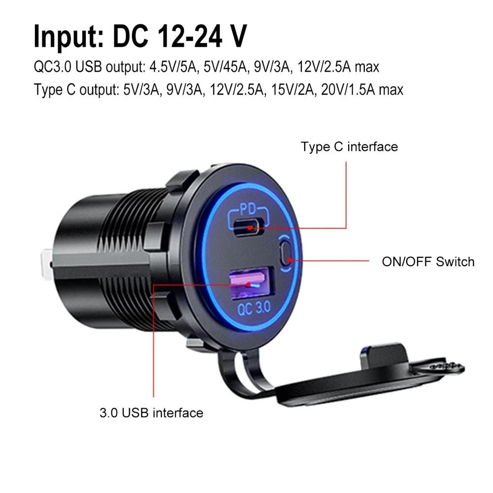 60 Вт PD Тип C/QC 3 0 USB Автомобильное зарядное устройство с переключателем розетка