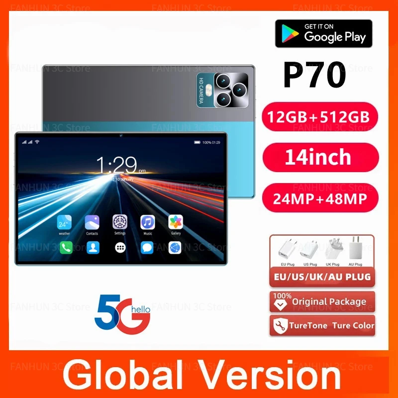 

2024 Gobal Version Android Tablet P70 14Inch Android 12 Bluetooth 12GB 512GB Deca Core 24+48MP WPS+5G WIFI Laptop Dual Sim
