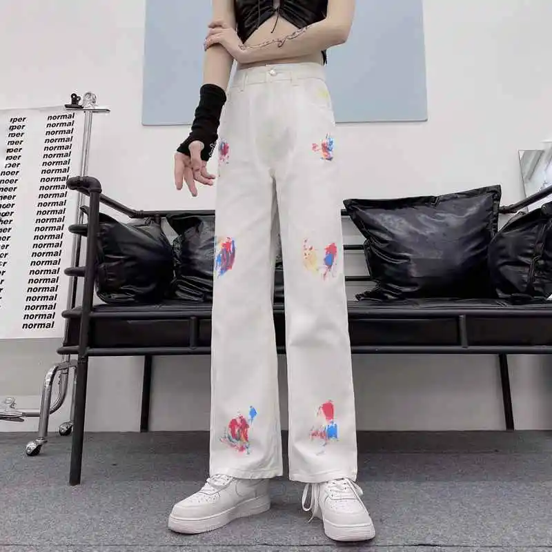 

Harajuku Retro Washed Jeans Female Autumn Tide College Style High Waist Casual Colourful Tie-Dye Trousers Straight-Leg Pants