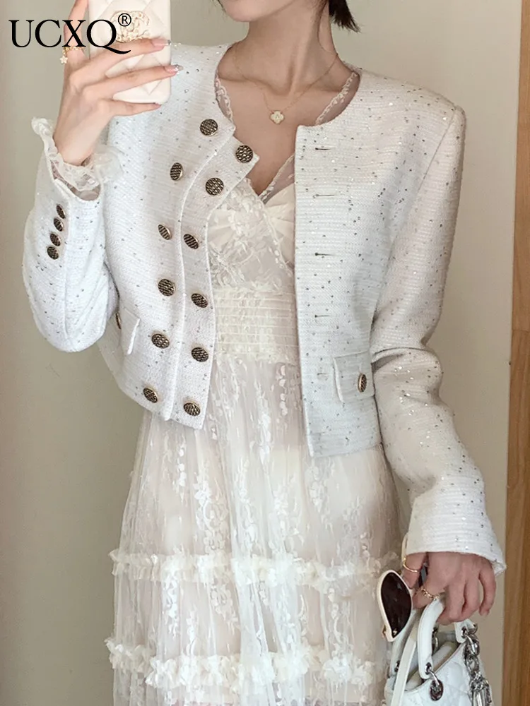 em UCXQ Elegancki blezer Płaszcz Koreański Styl O Szyja Dwurzędowa Moda Wszystko Dopasowane Krótkie Kurtki Kobiety 2024 Nowa Wiosna Jesień