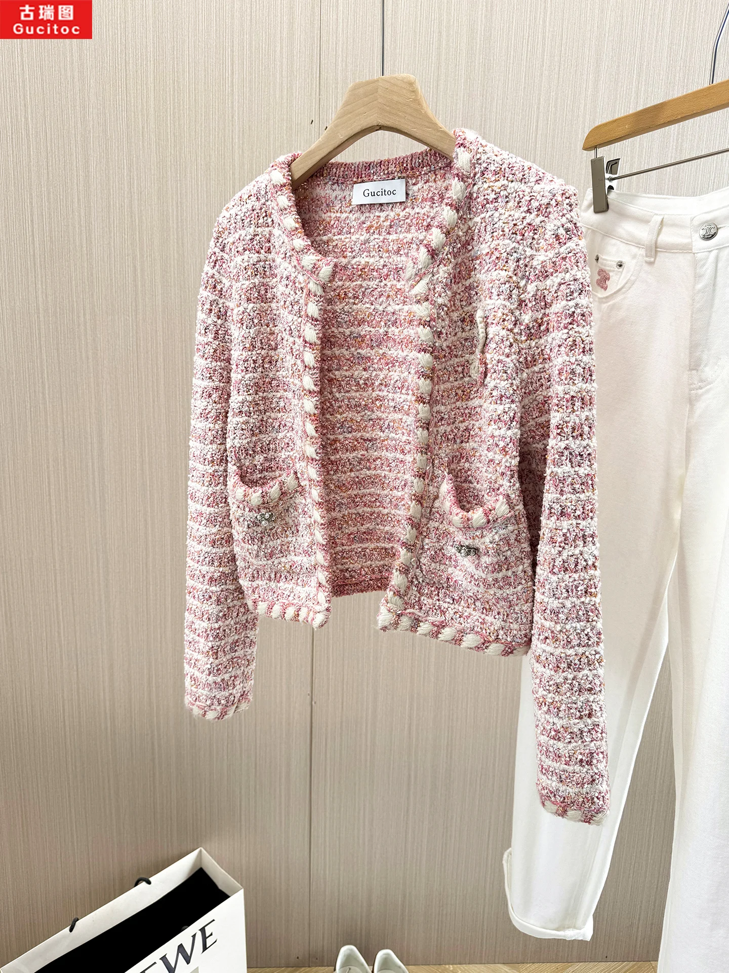 Gucitoc Dating Invitation! Pink Graceful Flowers Rhinestone Knit cardigan Women Autumn New Short coat