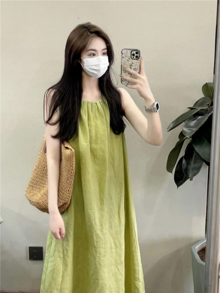 

Cotton linen sleeveless halter dress Female summer French sweet niche design loose chic look skinny skirt