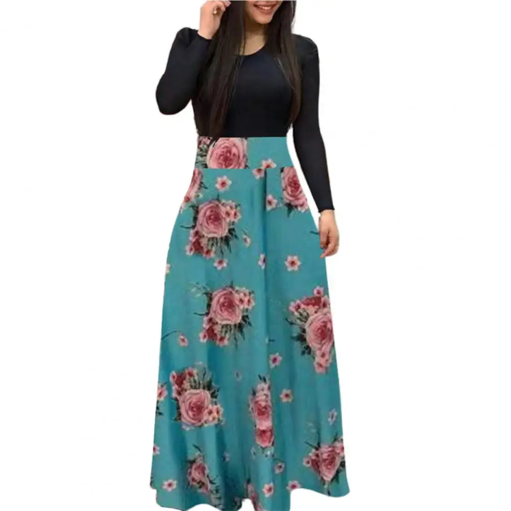 

Spring Autumn Long Dress Floral Pattern Patchwork Large Hem Tight Dress for Banquet