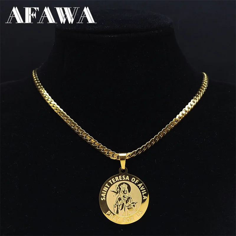 

Saint Teresa of Avila Choker Necklace Stainless Steel Gold Color Archangel Pray for Us Necklaces Jewelry collar N2321S02