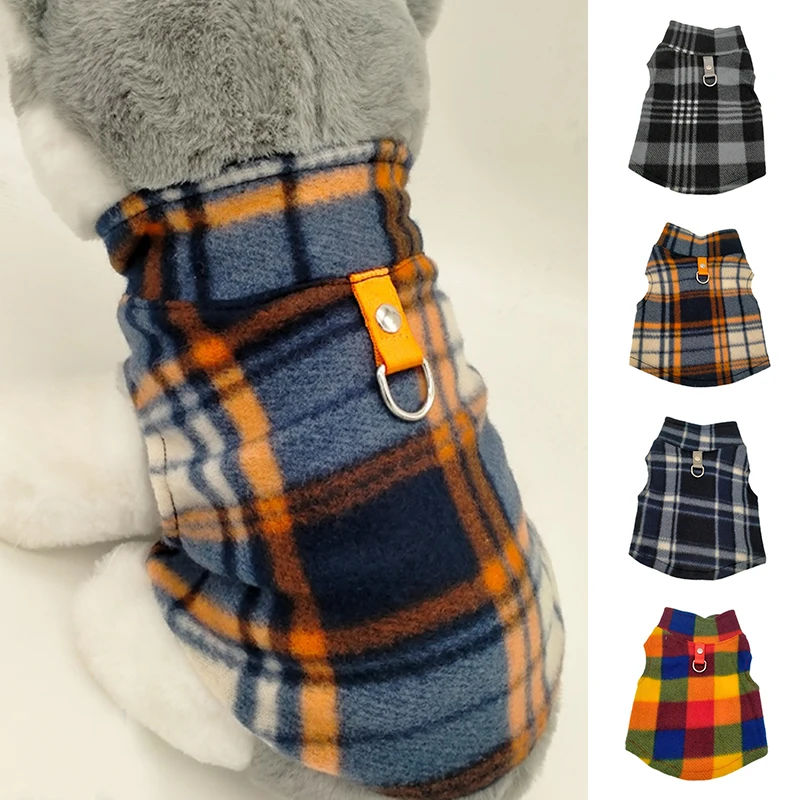 

Cute Warm Fleece Plaid Pet Dog Clothes Autumn Winter Thickened Vest Coat Small Medium Dogs Warm Costume With Traction Ring