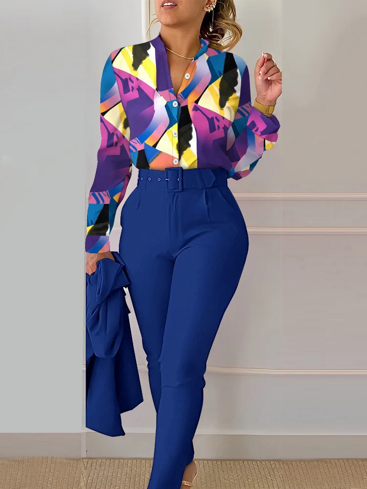 

Spring Autumn Fashion Print 2 Piece Sets 2024 Women Casual Button Long Sleeve Shirt Pants Suits Female Lapel Top Pants Outifits