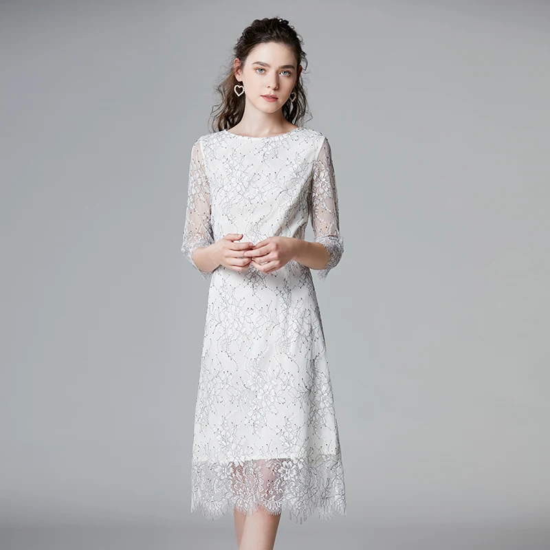 

French retro high-end lace dress spring and summer dress new cut-out eyelash white buttock plus size dresses for women
