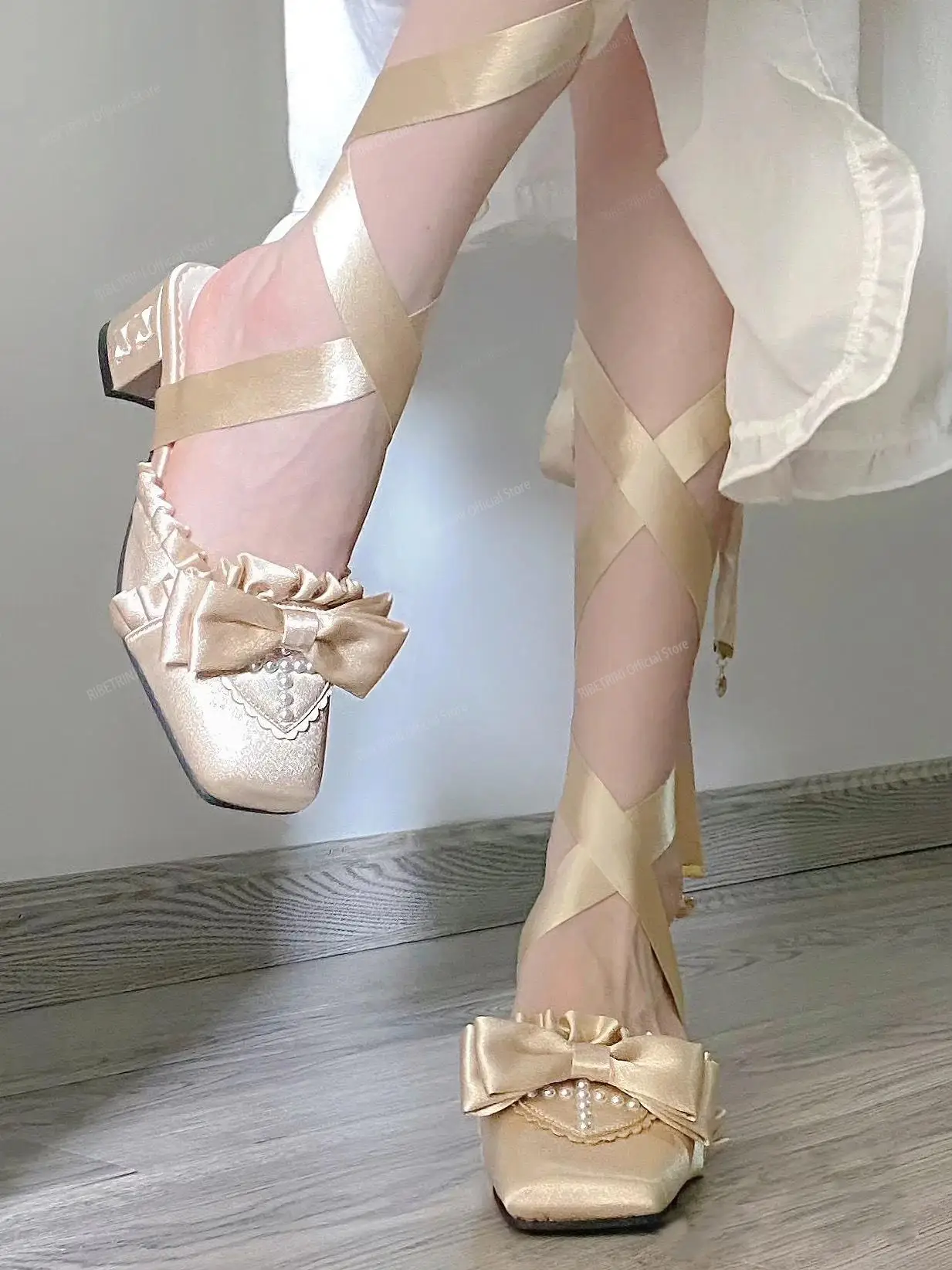 Mary Jane Pumps Women Bow Knot Design Lolita Square Toe Ankle Strappy Fashion Sweet Pumps Med High Heeled Lovely Ballet Shoes