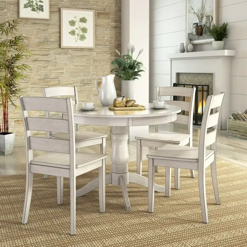 

5-Piece Wood Dining Round Table and 4 Ladder Back Chairs, Antique White