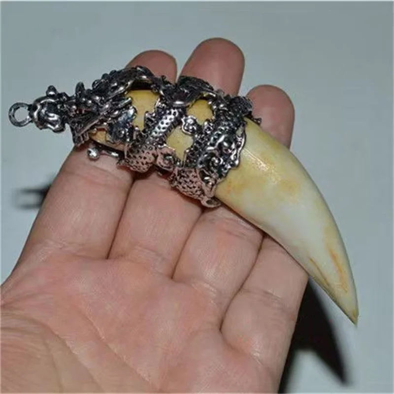 

Mai Chuang/ Hand Carved/ Antique Silver Inlaid Boar Tooth Silver Dragon Necklace Pendant Fashion Jewelry Men Women Couple Gift